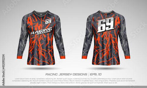 Long sleeve t-shirt design template, Motocross racing jersey mockup. Sport uniform front and back view