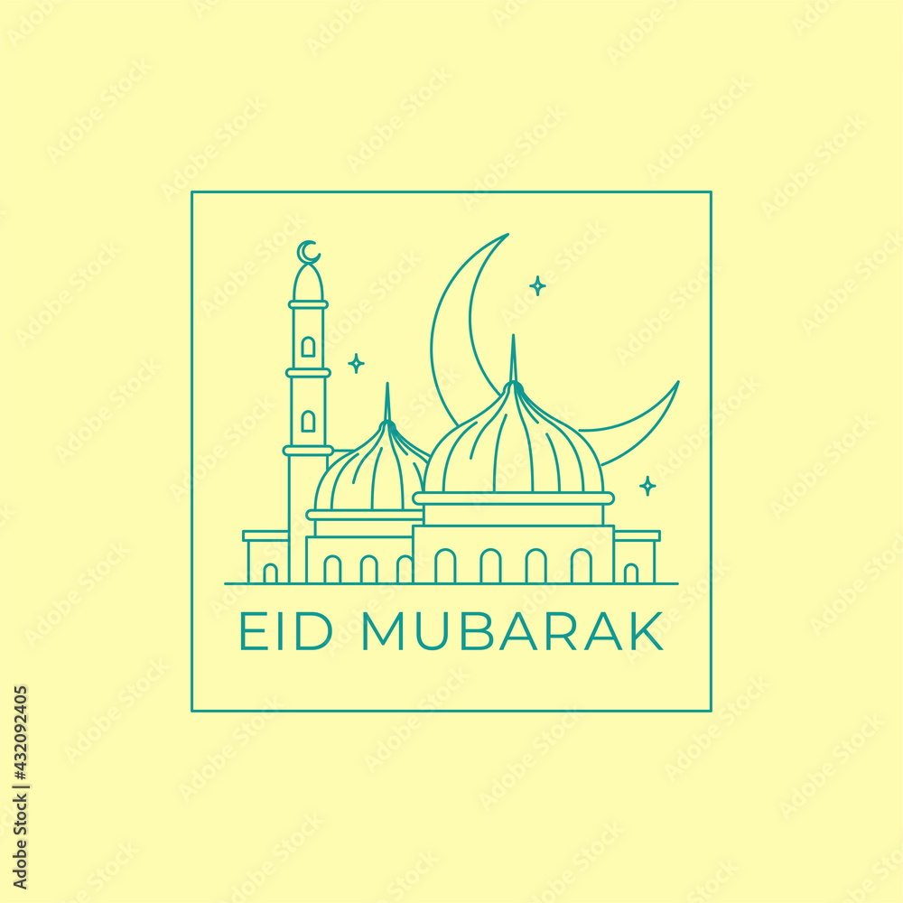 Eid mubarak simple monoline badge design with great mosque and crescent moon vector illustration