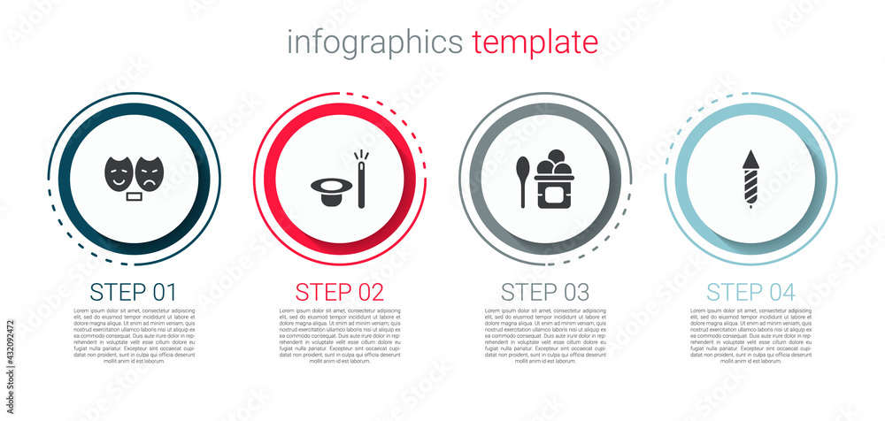 Set Comedy and tragedy masks, Magic hat wand, Ice cream in bowl and Firework rocket. Business infographic template. Vector Set Comedy and tragedy masks, Magic hat wand, Ice cream in bowl and Firework rocket. Business infographic template. Vector