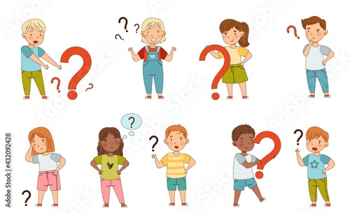 Puzzled Little Kids with Question Scratching Their Heads Wondering Vector Set