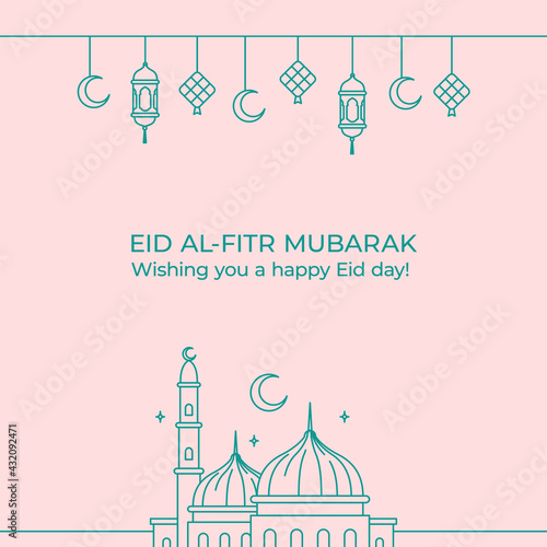 Simple happy eid mubarak greeting card with mosque and islamic ornament monoline vector illustration