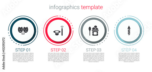 Set Comedy and tragedy masks, Magic hat wand, Ice cream in bowl and Firework rocket. Business infographic template. Vector