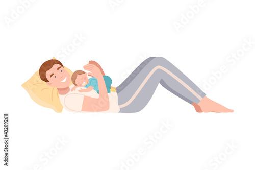 Young Father Lying on Pillow with His Baby Son Sleeping on His Chest Vector Illustration