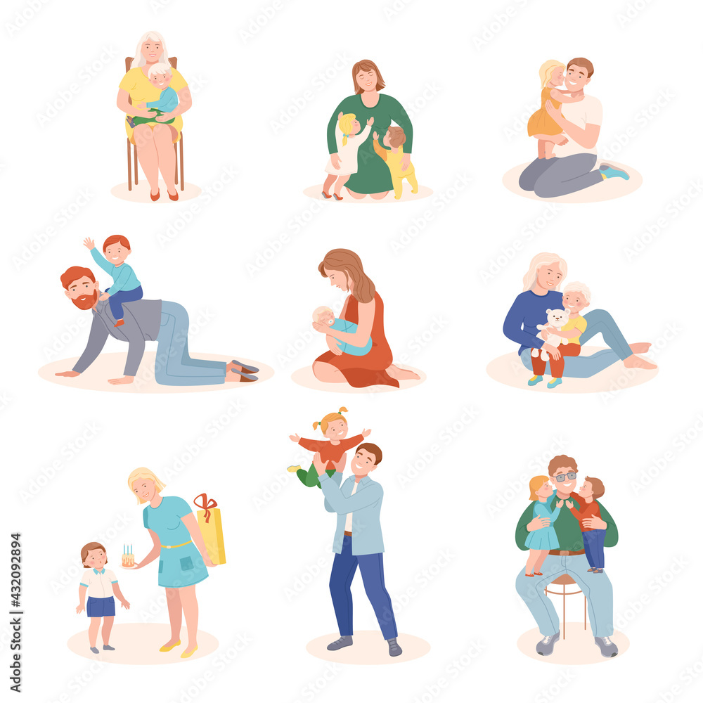 Parents Loving and Embracing Their Little Children Vector Illustration Set