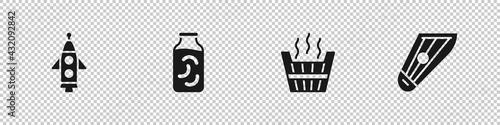 Set Rocket ship, Pickled cucumbers in a jar, Sauna bucket and Kankles icon. Vector