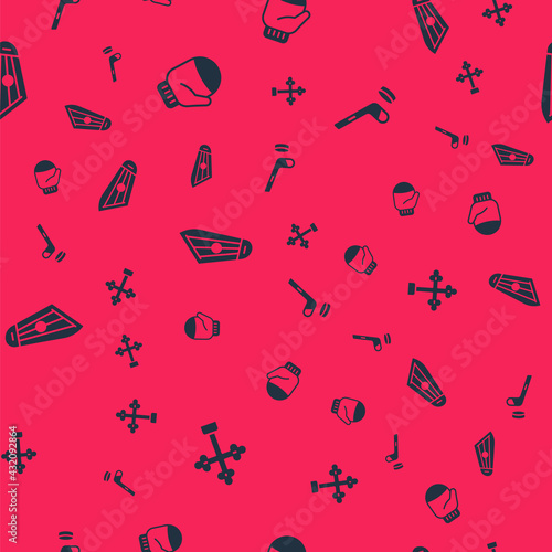 Set Christian cross, Christmas mitten, Kankles and Ice hockey stick and puck on seamless pattern. Vector