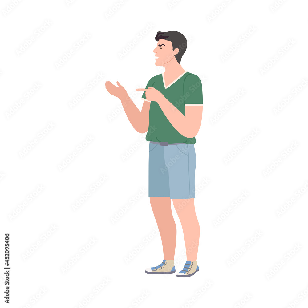 Frowning Man Quarrelling and Arguing with Someone Shouting Vector Illustration