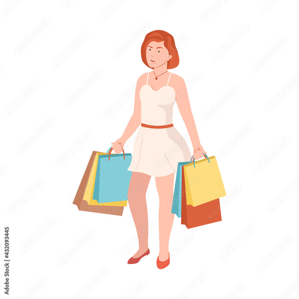 Frowning Woman with Shopping Bags Quarrelling and Arguing with Someone Shouting Vector Illustration Frowning Woman with Shopping Bags Quarrelling and Arguing with Someone Shouting Vector Illustration