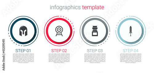 Set Medieval iron helmet, Target with arrow, Poison in bottle and sword. Business infographic template. Vector