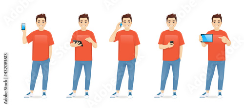 Young man in casual outfit with gadgets phone and tablet set isolated vector illustration