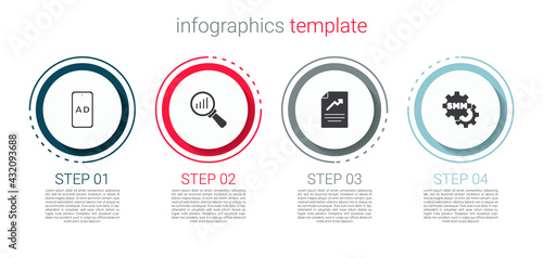 Set Advertising, Magnifying glass and analysis, Document with graph chart and Social media marketing. Business infographic template. Vector