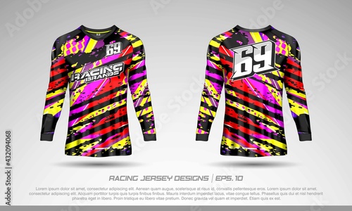 Long sleeve t-shirt design template, Motocross racing jersey mockup. Sport uniform front and back view