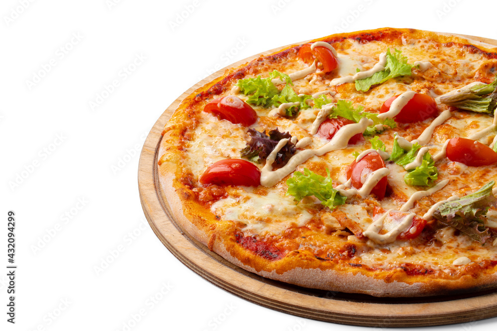 Fresh pizza on wooden board isolated on white