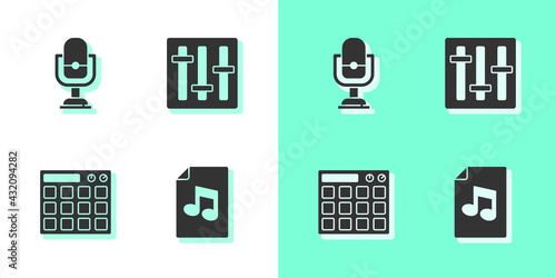 Set Music book with note, Microphone, Drum machine and Sound mixer controller icon. Vector