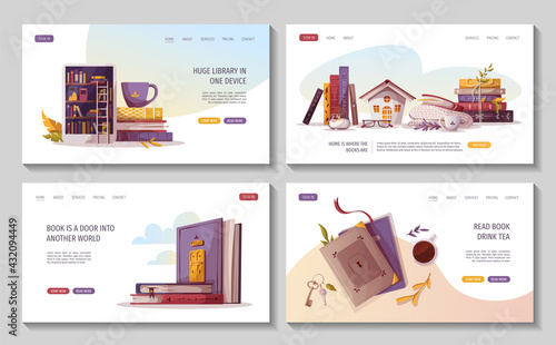 Set of web pages for bookstore, bookshop, library, book lover, bibliophile, education, e-book reader. Vector illustration for poster, banner, website, advertising.