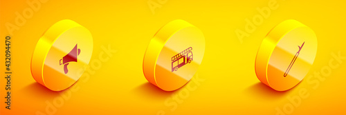 Set Isometric Megaphone, Fire truck and Metal pike pole icon. Vector