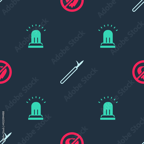 Set No fire, Metal pike pole and Ringing alarm bell on seamless pattern. Vector