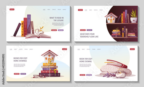 Set of web pages for bookstore, bookshop, library, book lover, bibliophile, education. Vector illustration for poster, banner, website, advertising.