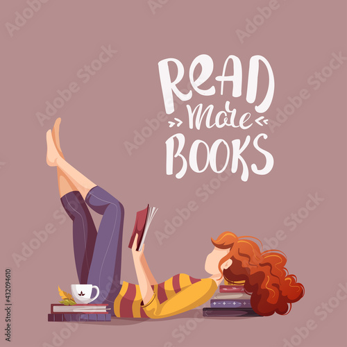 Cards with woman reading books and quote. Bookstore, bookshop, library, book lover, bibliophile, education concept. Square vector illustration for poster, banner, card, postcard.