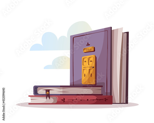 Book with door. Bookstore, bookshop, library, book lover, bibliophile, education concept. Isolated vector illustration for poster, banner, website.