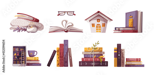 Set  of reading elements for bookstore, bookshop, library, book lover, bibliophile, education. Isolated vector illustration.