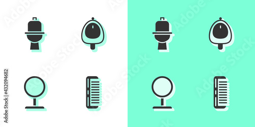 Set Hairbrush, Toilet bowl, Round makeup mirror and urinal pissoir icon. Vector