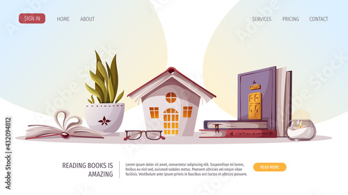 Reading set with books, glasses, potted plant, candle. Bookstore, bookshop, library, book lover, bibliophile, education concept. Vector illustration for poster, banner, website, advertising.