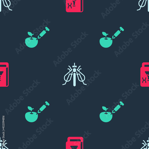 Set Genetic engineering book, Experimental insect and Genetically modified apple on seamless pattern. Vector