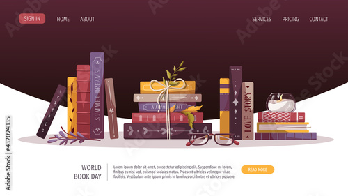 Reading set with stack of books, glasses, candle. Bookstore, bookshop, library, book lover, bibliophile, education concept. Vector illustration for poster, banner, website, advertising.