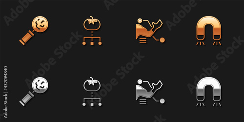 Set Microorganisms under magnifier, Genetically modified food, Prosthesis hand and Magnet icon. Vector