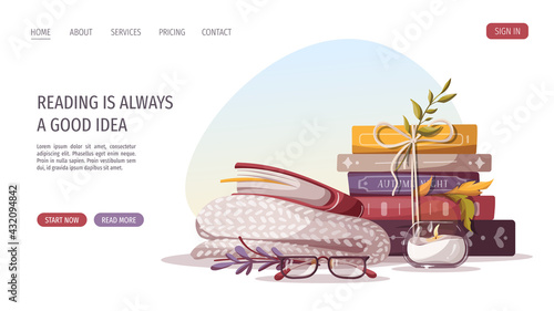 Reading set with stack of books, glasses, blanket, candle. Bookstore, bookshop, library, book lover, bibliophile, education concept. Vector illustration for poster, banner, website, advertising.