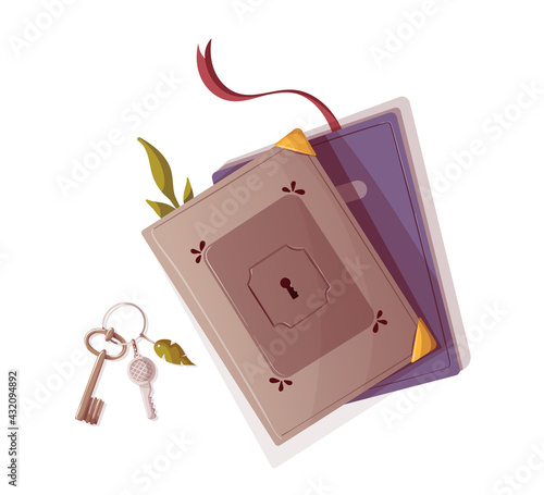 Books with lock, keys and cup of tea. Bookstore, bookshop, library, book lover concept. Isolated vector illustration for card, postcard, poster, banner.