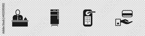 Set Hotel reception desk, Refrigerator, Digital door lock and icon. Vector