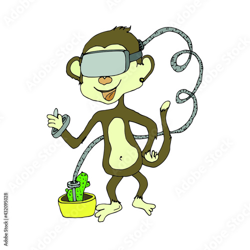 Monkey in a virtual reality helmet. The macaque plays computer games. The cable is plugged into the cactus. Bright funny illustration. VR glasses.