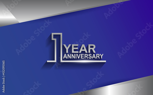 1 year anniversary silver color line style isolated on blue background for template, company celebration, special moment and greeting card