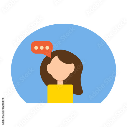 young woman in yellow clothes on blue background, flat character thinking with ellipsis sign vector illustration design. Vector illustration in cartoon style
