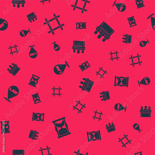 Set Old hourglass, Prison window, Location law and Jurors on seamless pattern. Vector