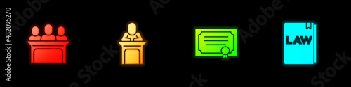 Set Jurors, Judge, Certificate template and Law book icon. Vector
