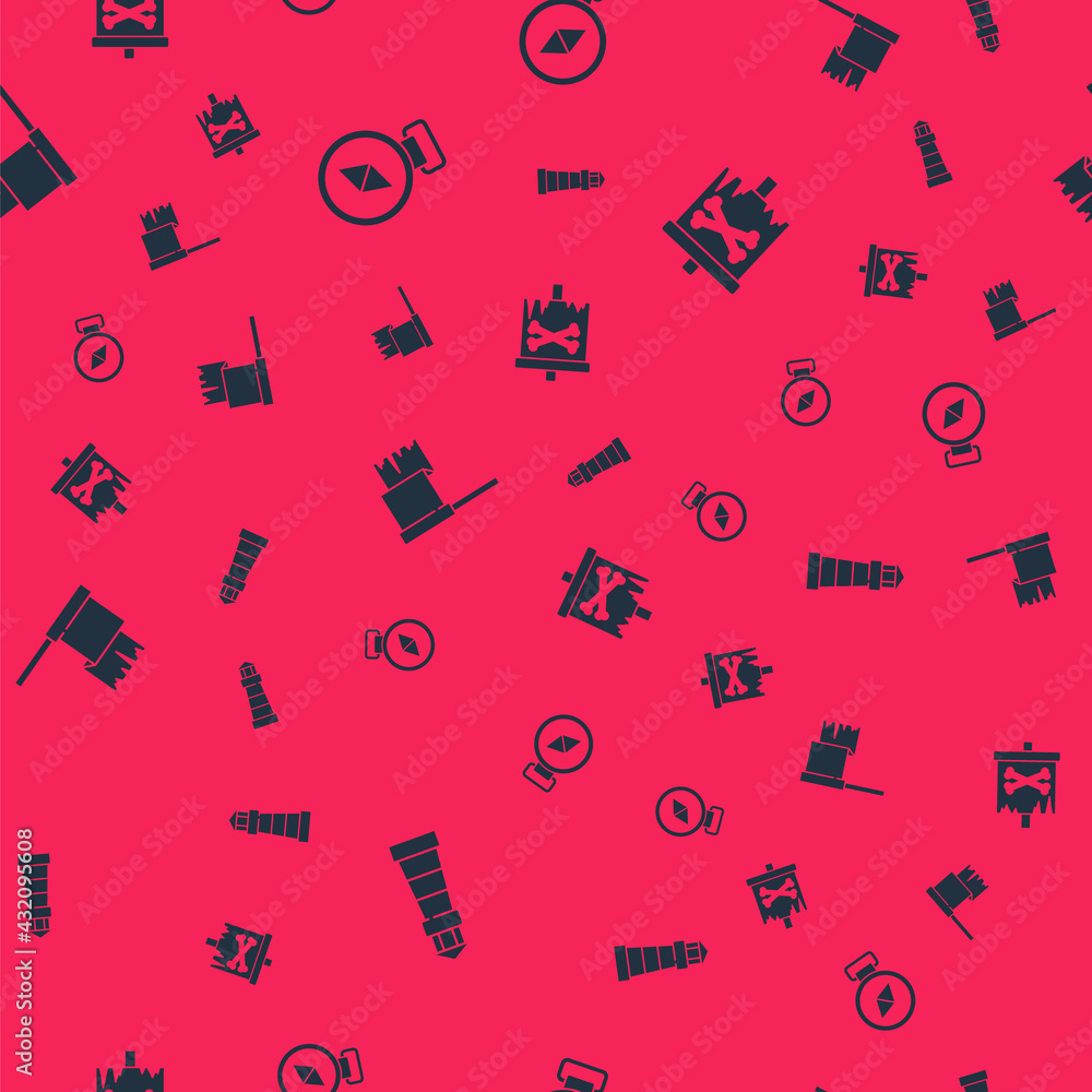 Set Lighthouse, Compass, Pirate flag and on seamless pattern. Vector Set Lighthouse, Compass, Pirate flag and on seamless pattern. Vector
