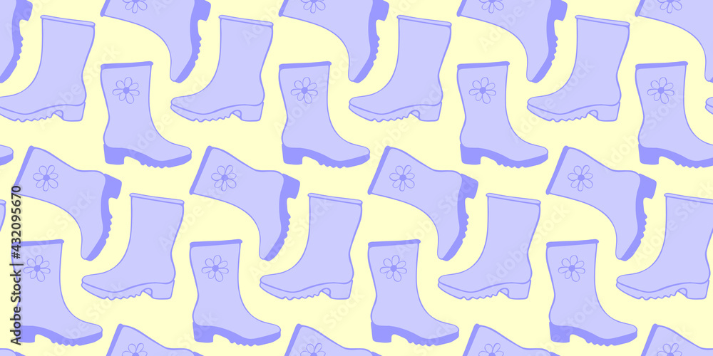Vector seamless pattern of outline rubber rain boots for rainy weather or gardening, isolated. Hand drawn background and texture with element of clothes in doodle style Vector seamless pattern of outline rubber rain boots for rainy weather or gardening, isolated. Hand drawn background and texture with element of clothes in doodle style