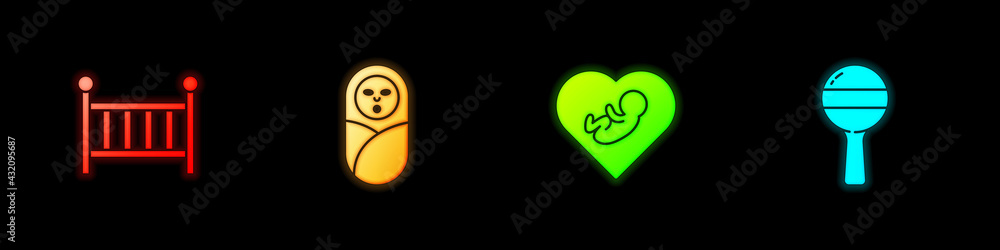 Set Baby crib cradle, Newborn baby infant swaddled, inside heart and Rattle toy icon. Vector Set Baby crib cradle, Newborn baby infant swaddled, inside heart and Rattle toy icon. Vector