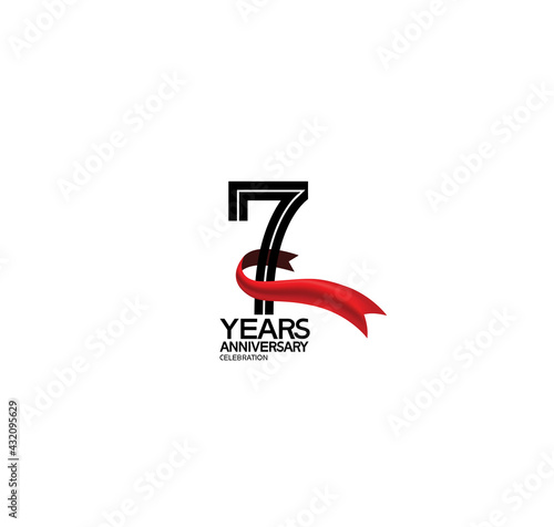 7 years anniversary logotype flat black color and red ribbon on white background can be use for template greeting card, invitation and celebration moment