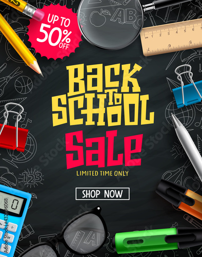 Back to school sale vector poster design. Back to school promotion text with 50% discount of educational supplies in black background . Vector illustration 