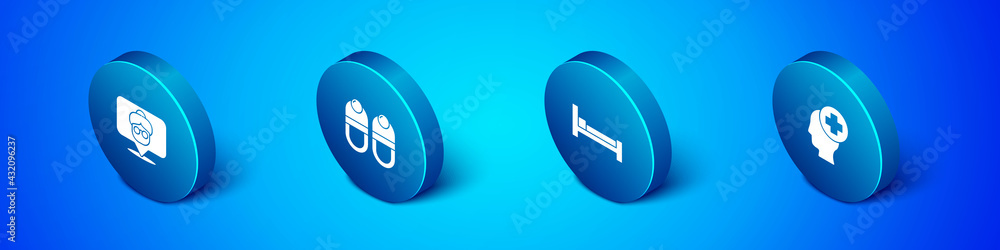 Set Isometric Nursing home, Bed, Male head with hospital and Slippers icon. Vector Set Isometric Nursing home, Bed, Male head with hospital and Slippers icon. Vector