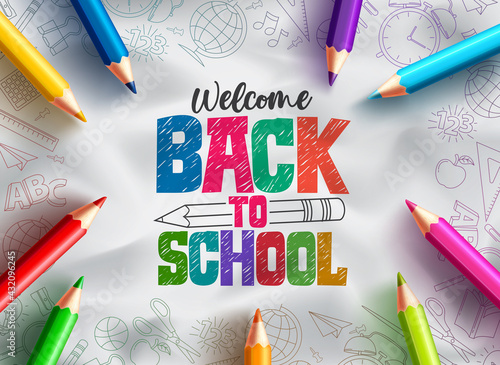 Back to school vector background design. Welcome back to school text with colorful pencils educational supplies element in hand drawn background. Vector illustration
