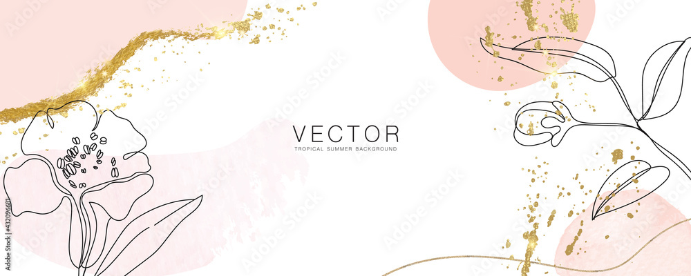 minimal background in pink flowers and tropical summer leaf with golden metallic texture gallery wall art vector design in frame for home decorate