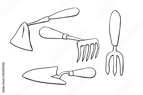Vector set of garden tools: hoes, scoop. Hand drawn outline doodle style illustration, isolated. Element of gardening. Tools for working on the farm, in the country