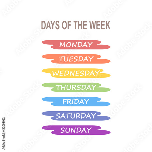 Set of names of days of week on rainbow colors background. Isolated on white background. Cartoon flat style