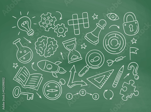 Puzzle and riddles hand drawn icons on chalkboard. Crossword puzzle, Maze, Brain, Chess piece, Light bulb and labyrinth, gear, lock and key. Vector illustration in doodle style on white background.