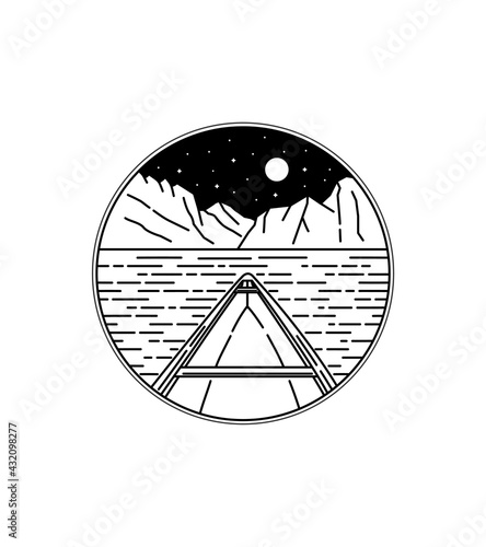 view of canoes and islands at night in line badge patch pin graphic illustration vector art t-shirt design